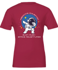 Dabbande astronaut i rymden, "Rebooting Civilisation" och "Elon Musk Space Adventures" på röd t-shirt.