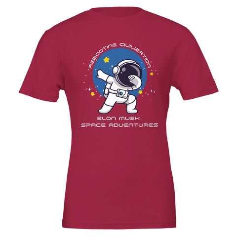 Dabbande astronaut i rymden, "Rebooting Civilisation" och "Elon Musk Space Adventures" på röd t-shirt.