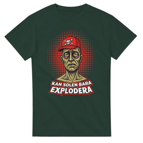 Humoristiskt motiv av uppgiven zombie-liknande man – mörkgrön t-shirt