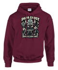 Papa Ghost "Satanic Symphony" tecknad djävulskatt med trollstav på mörkröd hoodie.