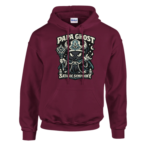 Papa Ghost "Satanic Symphony" tecknad djävulskatt med trollstav på mörkröd hoodie.