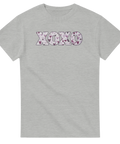Romantiskt mönstrad XOXO logotyp i lila nyanser på en grå t-shirt