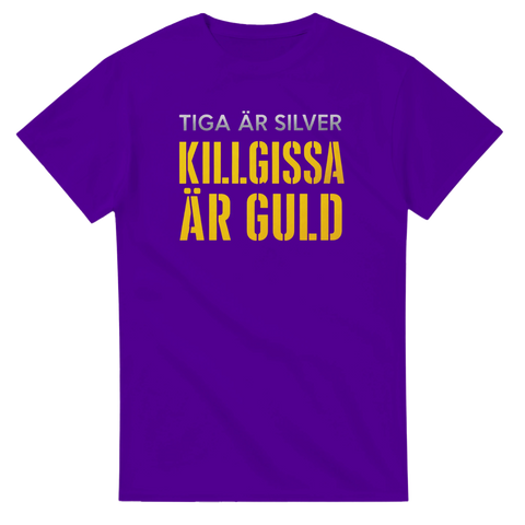 Ironisk ordvits på ordspråk – lila t-shirt med texten killgissa är guld