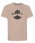 Träd med ljudvågor på beige ekologisk t-shirt, minimalistisk design.