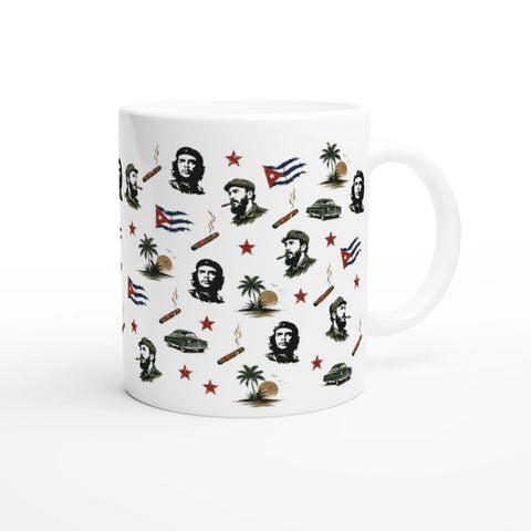 Närbild på mugg med Fidel Castro, palmer och klassiska veteranbilar i retrostil