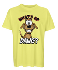Gul t-shirt med en ironisk hundillustration och grafisk textdesign