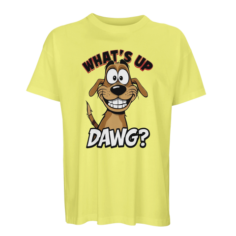 Gul t-shirt med en ironisk hundillustration och grafisk textdesign