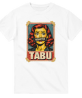Popkonst-tryck av kvinna med "REDACTED" över munnen och "TABU" under, på vit t-shirt.