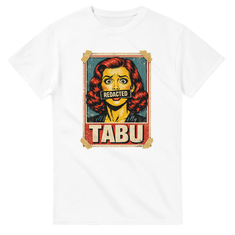 Popkonst-tryck av kvinna med "REDACTED" över munnen och "TABU" under, på vit t-shirt.