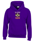 Arg grävling med cigarr och text "Six Seven Dude" på lila barnhoodie.
