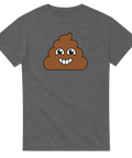 Leende bajsemoji-tryck på grå t-shirt.