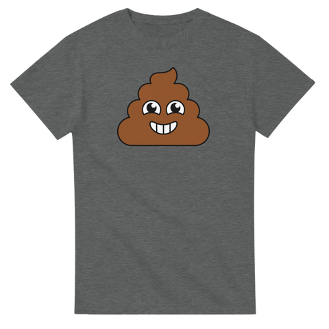 Leende bajsemoji-tryck på grå t-shirt.