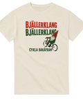 Klassisk röd och grön jultypografi med cyklande tomte på krämvit t-shirt