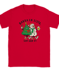 Röd t-shirt med en julgran och snögubbe som skålar och texten ”Barra en sista, sen går vi”.