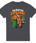 Tecknad illustration av sopgubbe med sopbil och soptunna – grå t-shirt