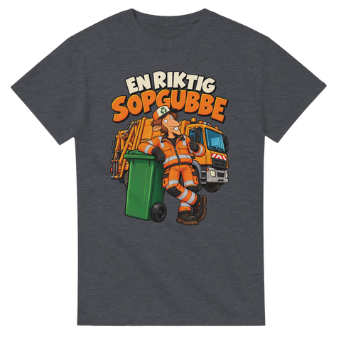 Tecknad illustration av sopgubbe med sopbil och soptunna – grå t-shirt