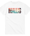 Grafiskt Mallis-tryck med solnedgång och palmer på en vit t-shirt