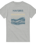 Minimalistisk illustration av blå vågor på en gråmelerad t-shirt