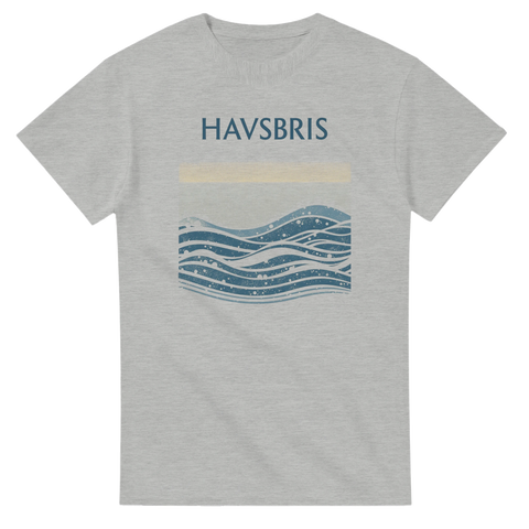 Minimalistisk illustration av blå vågor på en gråmelerad t-shirt