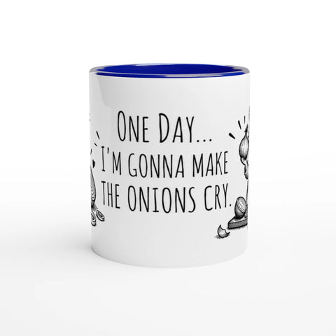 Mugg med texten One day I'm gonna make the onions cry, lök och en tecknad kock.