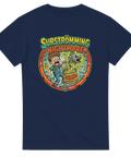 Surströmming Nightmare-tryck med skrämd pojke och rutten fisk i burk på marinblå t-shirt.
