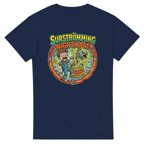 Surströmming Nightmare-tryck med skrämd pojke och rutten fisk i burk på marinblå t-shirt.