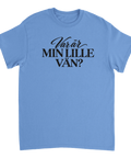 Blå t-shirt med texten ”Var är min lille vän?”.