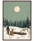 Illustration av en person och rådjur i en snöig tallskog under en stor fullmåne och fallande snö i mörk träram.