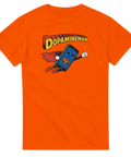 Orange t-shirt med Dopamineman motiv – satirisk illustration av en mobil