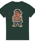 Retroinspirerad sticker-design med motivet Sossesvin på mörkgrön t-shirt