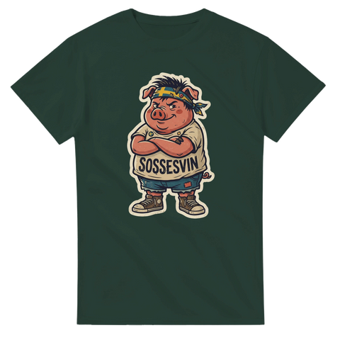 Retroinspirerad sticker-design med motivet Sossesvin på mörkgrön t-shirt