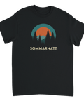 Retroinspirerad illustration av skogssiluett och kvällssol på svart t-shirt