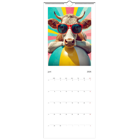 Cool ko i röda solglasögon med badboll framför retro solstrålar, Väggkalender 2026.