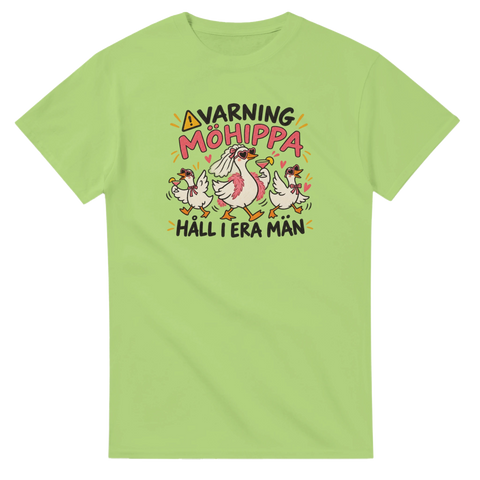 T-shirt med tre festglada gäss och texten Varning möhippa – Håll i era män