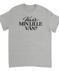 Gråmelerad t-shirt med texten ”Var är min lille vän?”.