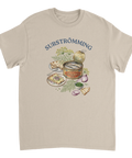Grafiskt tryck av norrländsk delikatess på sandfärgad t-shirt