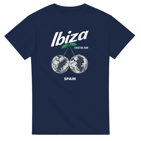 Marinblå t-shirt med retroinspirerat tryck för Ibiza Cocktail Bar