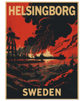 Dystopisk Helsingborg travel poster med brinnande hamn och industriella siluetter