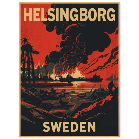 Dystopisk Helsingborg travel poster med brinnande hamn och industriella siluetter