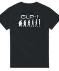Grafisk illustration av viktresa med GLP-1 text – humoristisk t-shirt