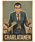 Närbild på en retro poster föreställande en manipulerande figur omgiven av upprörda människor i ett klassiskt tidningsmanér.