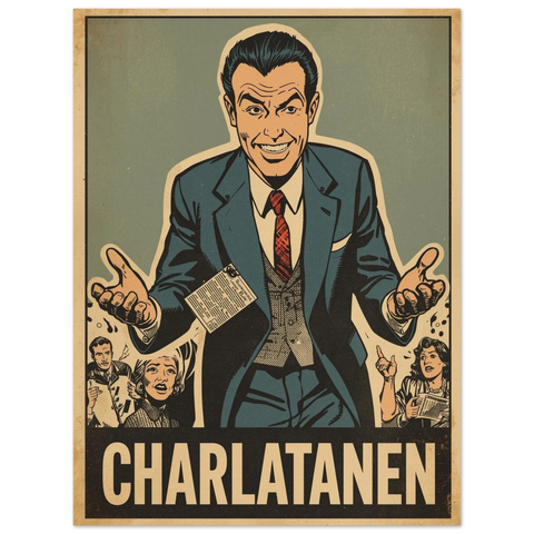 Närbild på en retro poster föreställande en manipulerande figur omgiven av upprörda människor i ett klassiskt tidningsmanér.