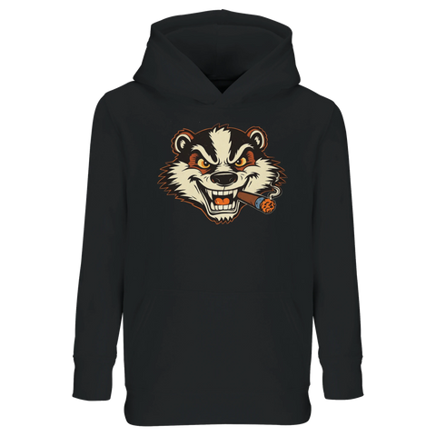 Billy Badger seriefigur med arg grävling som röker cigarr på svart barnhoodie.