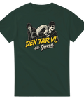 Mörkgrön t-shirt med gult texttryck och klassiska seriefigurer