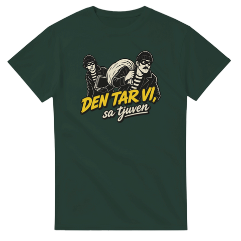 Mörkgrön t-shirt med gult texttryck och klassiska seriefigurer