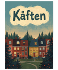 Grafisk illustration av ett svenskt bostadskvarter med texten Käften i ett moln – poster