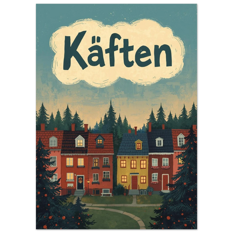 Grafisk illustration av ett svenskt bostadskvarter med texten Käften i ett moln – poster