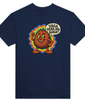 Marinblå t-shirt med en glad kokosnöt med färgglad bakgrund och texten Våga vara dig själv.
