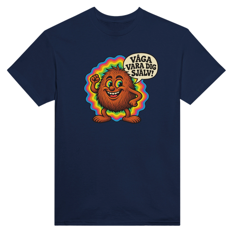 Marinblå t-shirt med en glad kokosnöt med färgglad bakgrund och texten Våga vara dig själv.