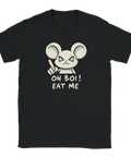 Svart t-shirt med absurd illustration av en mus som visar fingret